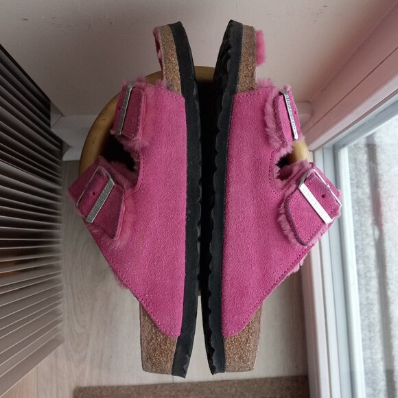 Birkenstock Arizona Pink Shearling Suede Sandals Size 39 US 8 - 8.5 - Picture 5 of 16